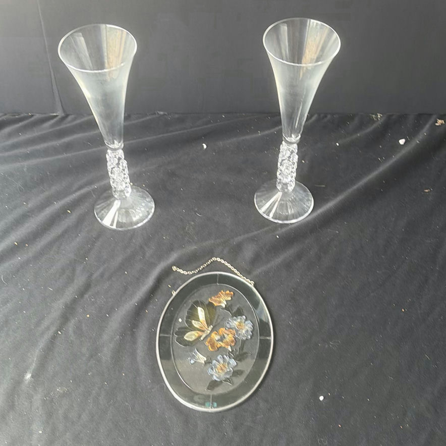 Two crystal champagne flutes and an oval enamel floral butterfly hanging ornament - image 1 of 4