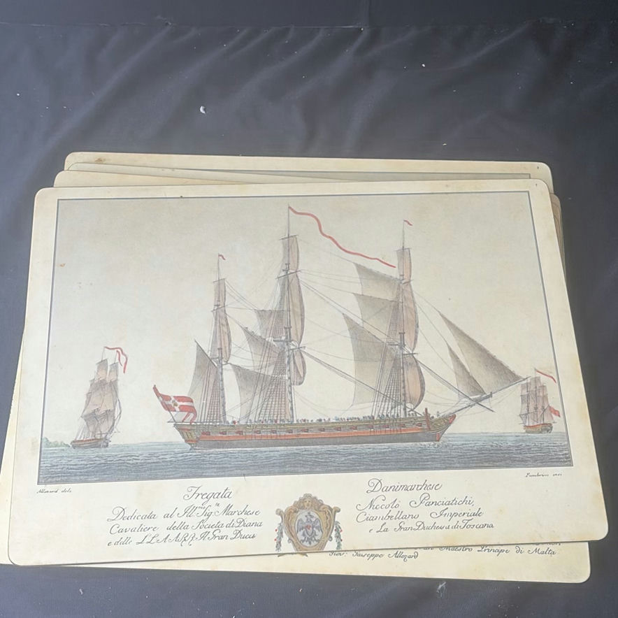 Round woven placemats, striped wooden rounds, nautical ship cards, and a green felt board - image 6 of 8