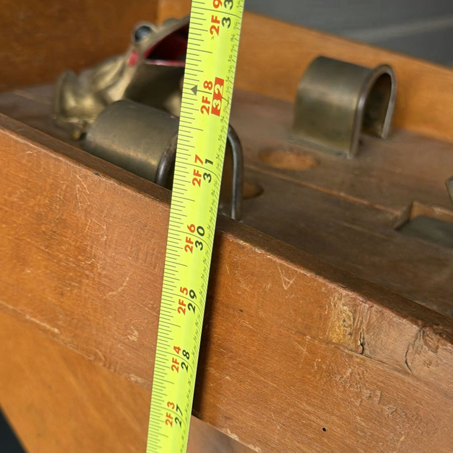 Vintage wooden display stand with slotted compartments and frog sculpture - image 6 of 9