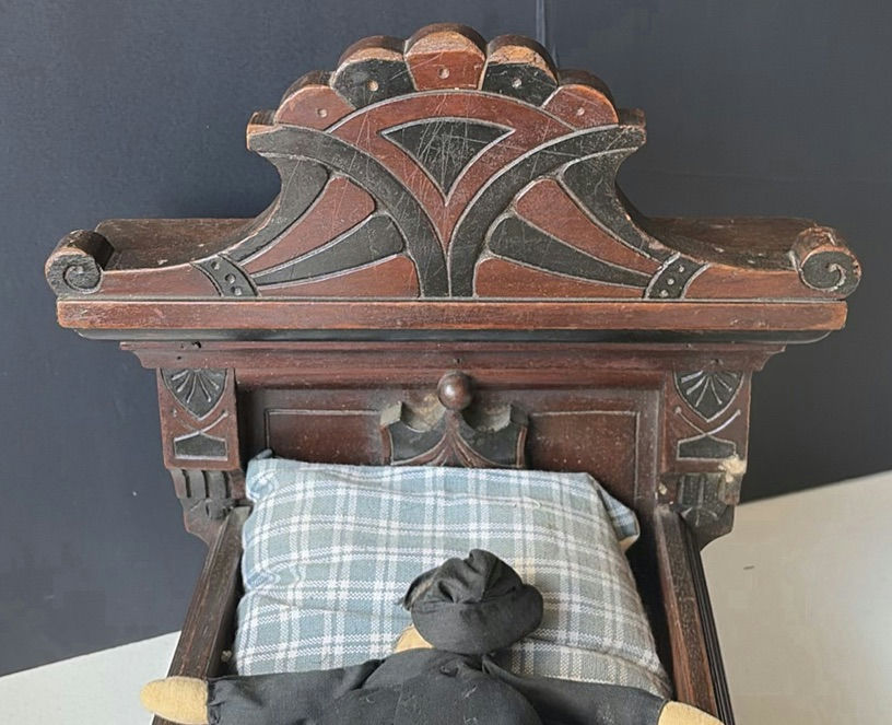 Antique carved wooden doll bed with doll and cradle piece - image 5 of 7