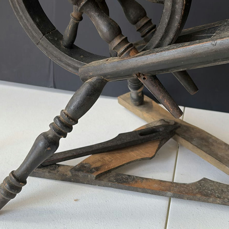 Antique spinning wheel with brass candlesticks and hand tools - image 5 of 7