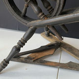 Antique spinning wheel with brass candlesticks and hand tools - thumbnail 5 of 7