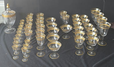 Gold-rimmed glassware set with punch bowl and stemware - Image 1 of 5
