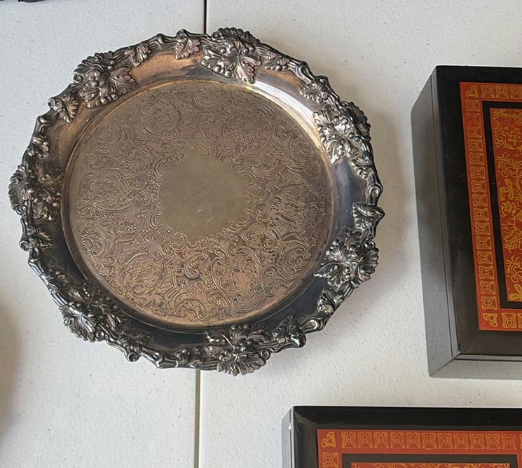 Silver plate decorative trays and black lacquer boxes with orange inlays - image 3 of 4