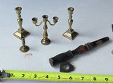 Antique spinning wheel with brass candlesticks and hand tools - thumbnail 2 of 7