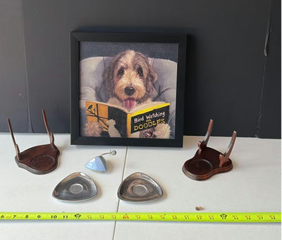 Framed dog portrait with book and assorted display pieces - Image 1 of 6