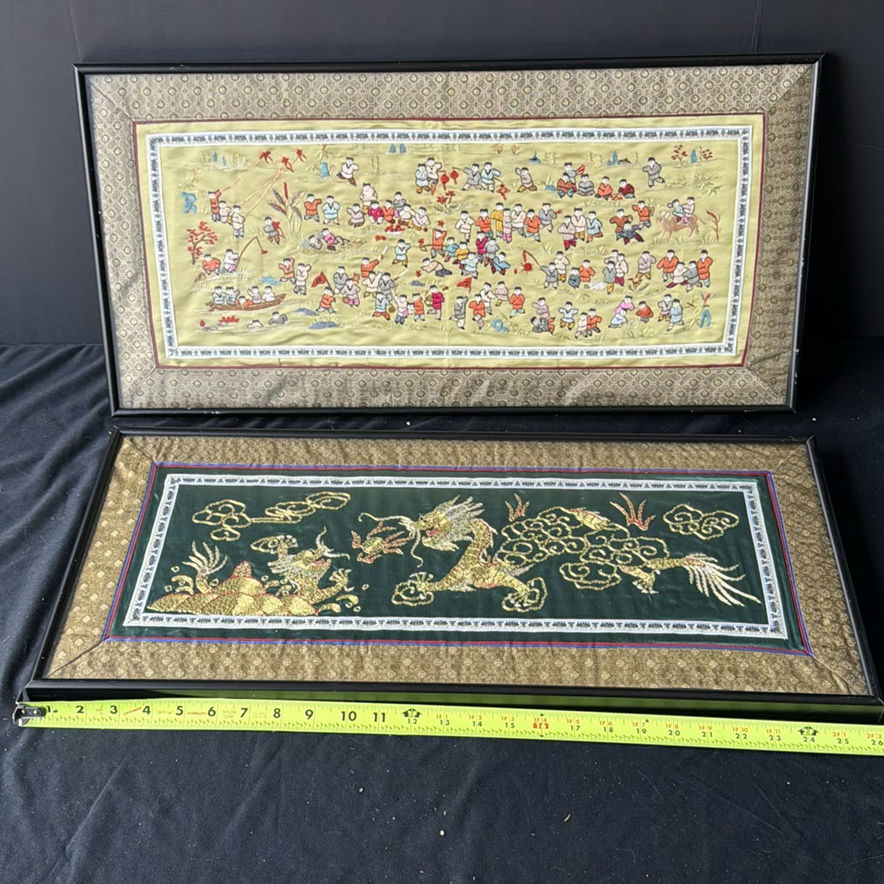 Two framed Chinese silk embroidery panels with dragon and folk scenes - image 1 of 9