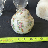 Glass hurricane vases, a floral porcelain ginger jar, and a gold-faced cat sculpture - thumbnail 6 of 6