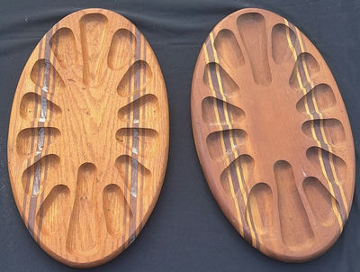 Pair of oval wooden boards with multiple recessed slots and decorative inlays - Image 1 of 4