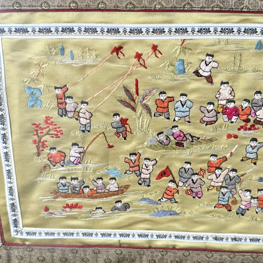 Two framed Chinese silk embroidery panels with dragon and folk scenes - image 3 of 9