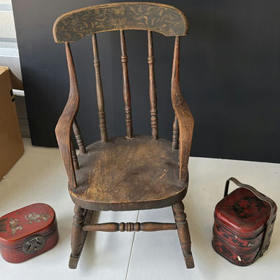 Antique wooden chair with red decorative boxes and lacquered Chinese storage box - Image 1 of 9