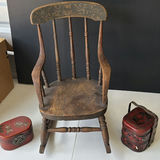 Antique wooden chair with red decorative boxes and lacquered Chinese storage box - thumbnail 1 of 9