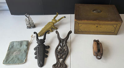 Antique collection: jewelry pouch, ornate metal pieces, glass cruet set, and wooden boxes - Image 1 of 8