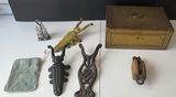 Antique collection: jewelry pouch, ornate metal pieces, glass cruet set, and wooden boxes - thumbnail 1 of 8