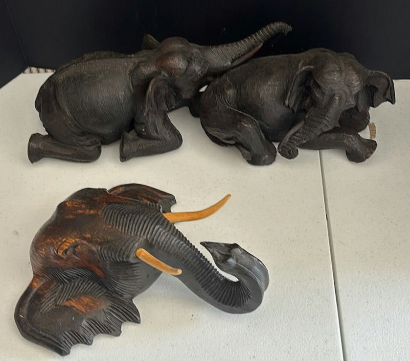 Carved Elephant Figurines and Elephant Wall Mask - image 1 of 5