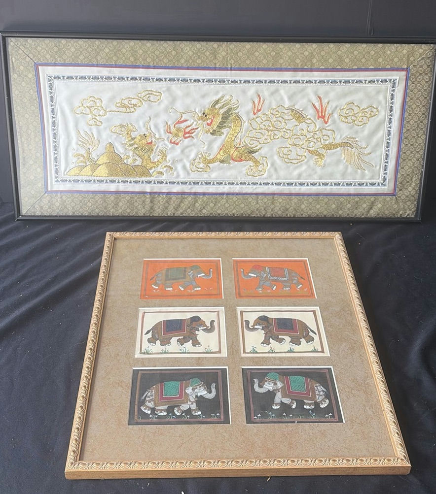 Framed Dragon Embroidery and Elephant Panel Artwork - image 1 of 4