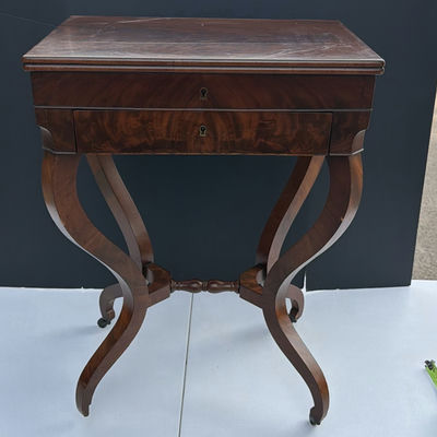 Antique wooden writing desk with hinged top and mirror - Image 1 of 11