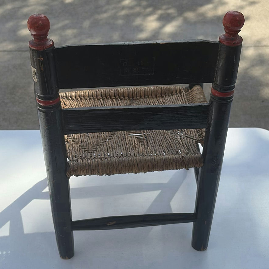 Small black-painted wooden chair with woven seat and floral decoration - image 5 of 8