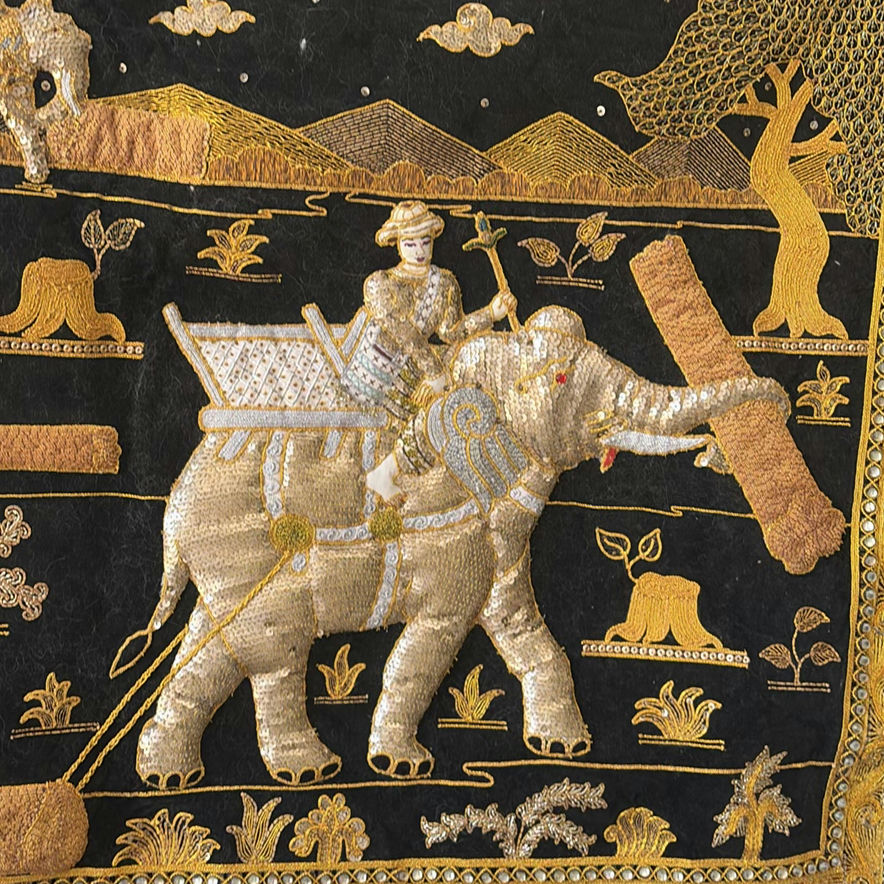 Embroidered black fabric wall hangings with gold elephant motifs - image 3 of 7