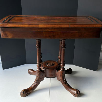 Antique Card Table with Green Baize and Carved Pedestal - Image 1 of 11