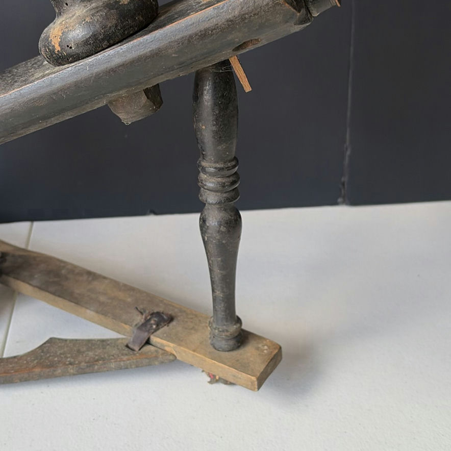 Antique spinning wheel with brass candlesticks and hand tools - image 6 of 7