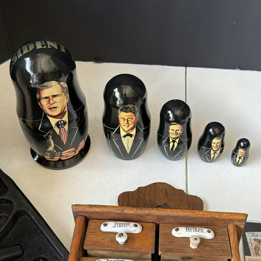 Presidential Matryoshka Dolls, Vintage Drawer Cabinet, Vietnam Stamp Collection, and Corkscrew Set - image 2 of 9