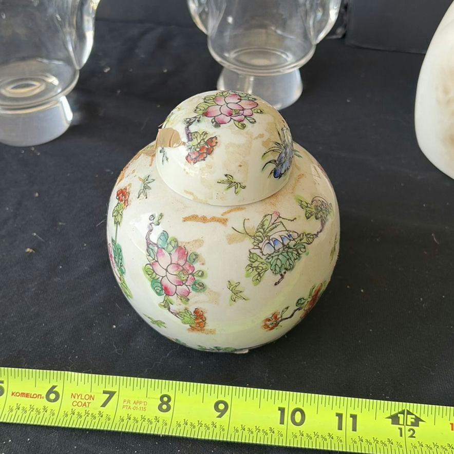 Glass hurricane vases, a floral porcelain ginger jar, and a gold-faced cat sculpture - image 2 of 6