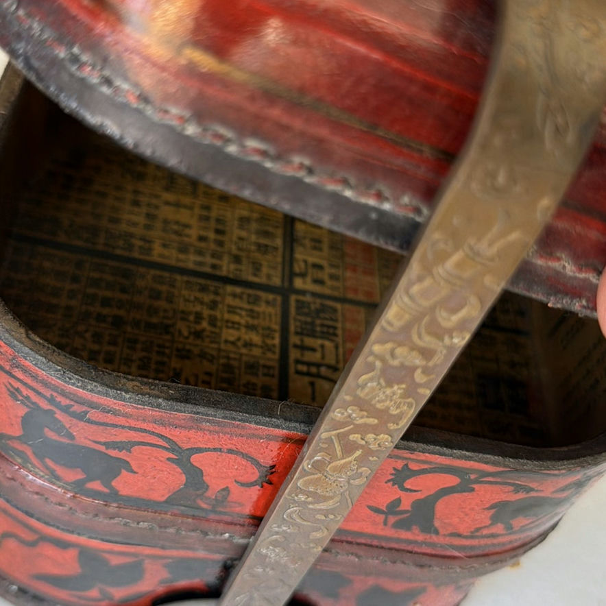 Antique wooden chair with red decorative boxes and lacquered Chinese storage box - image 9 of 9