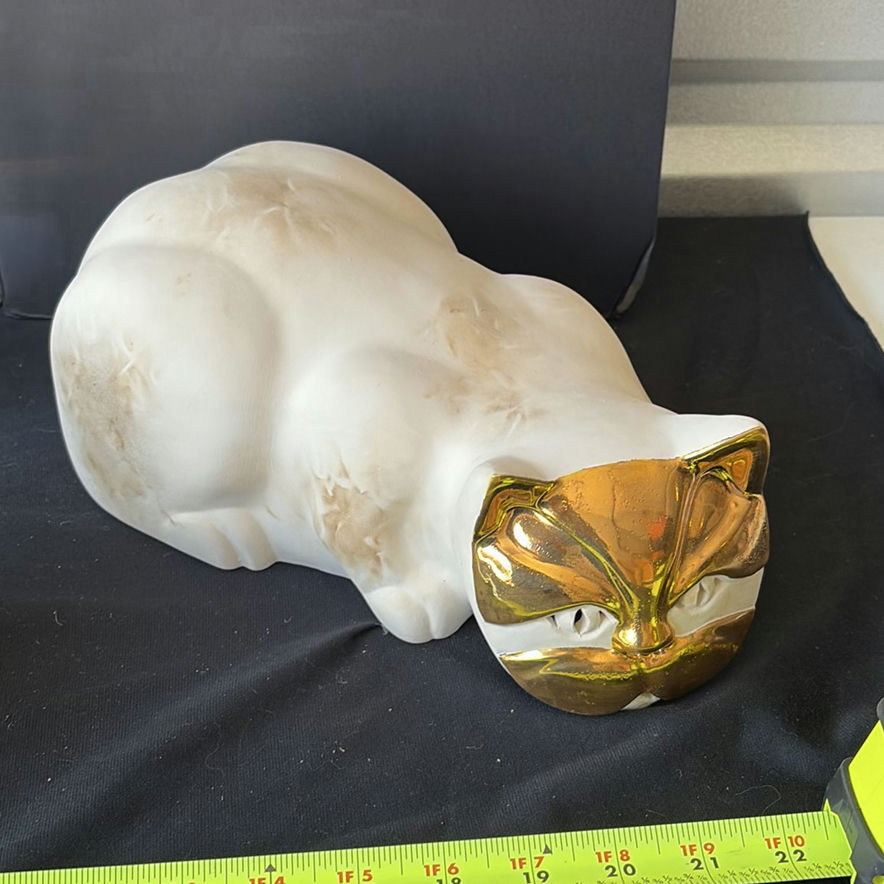 Glass hurricane vases, a floral porcelain ginger jar, and a gold-faced cat sculpture - image 4 of 6