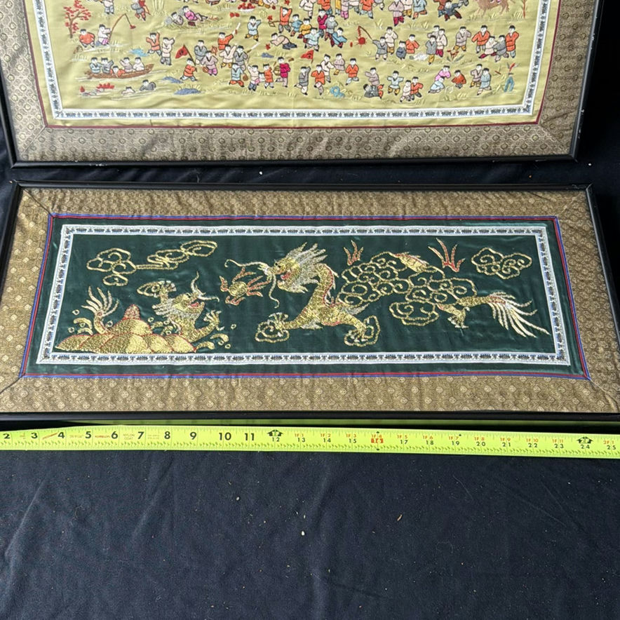 Two framed Chinese silk embroidery panels with dragon and folk scenes - image 2 of 9