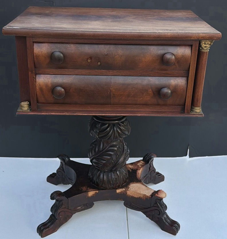 Antique wooden side table with two-drawer cabinet on carved pedestal base - image 1 of 10