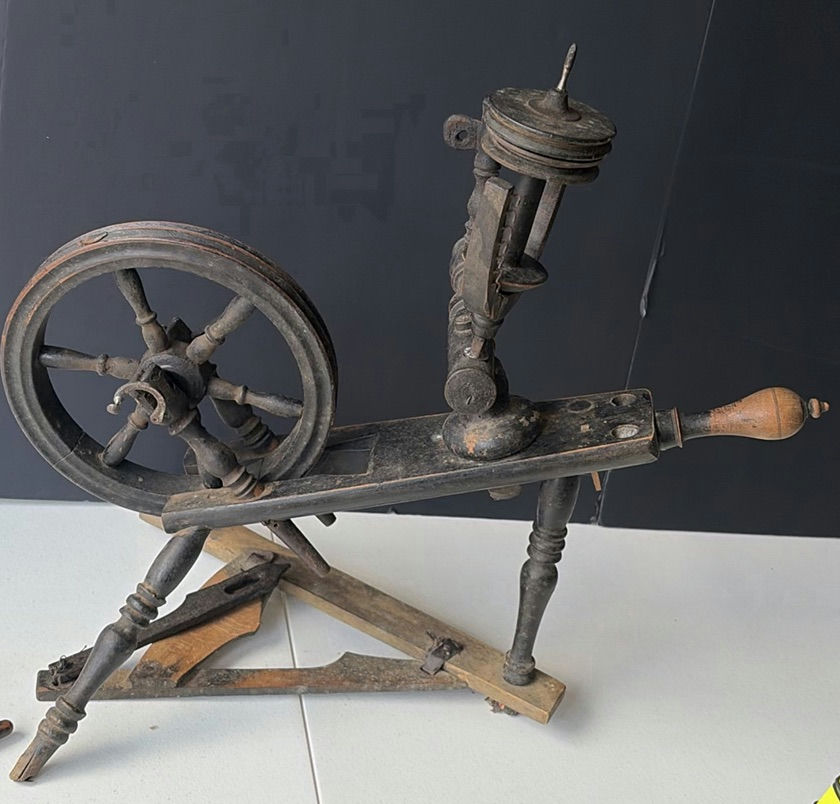 Antique spinning wheel with brass candlesticks and hand tools - image 3 of 7