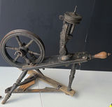 Antique spinning wheel with brass candlesticks and hand tools - thumbnail 3 of 7