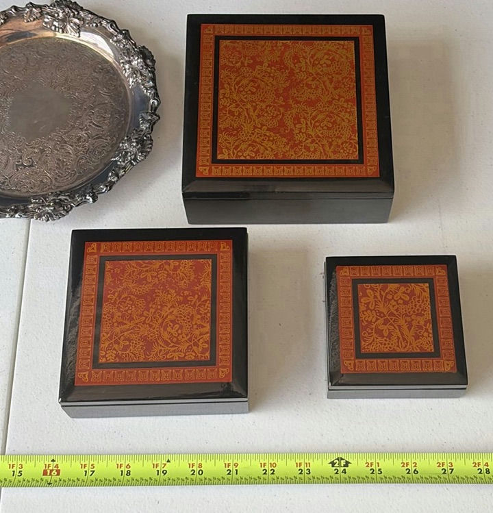 Silver plate decorative trays and black lacquer boxes with orange inlays - image 4 of 4