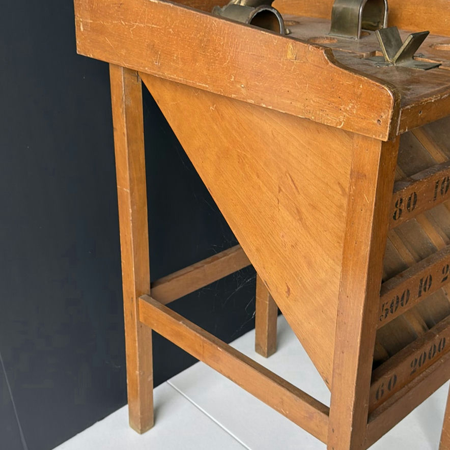 Vintage wooden display stand with slotted compartments and frog sculpture - image 5 of 9
