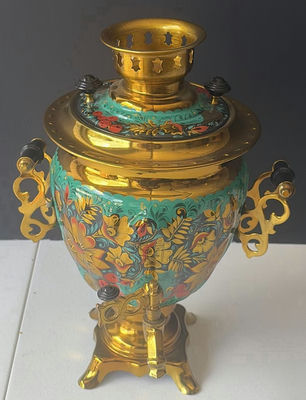Electric enamel samovar with floral motif - Image 1 of 7