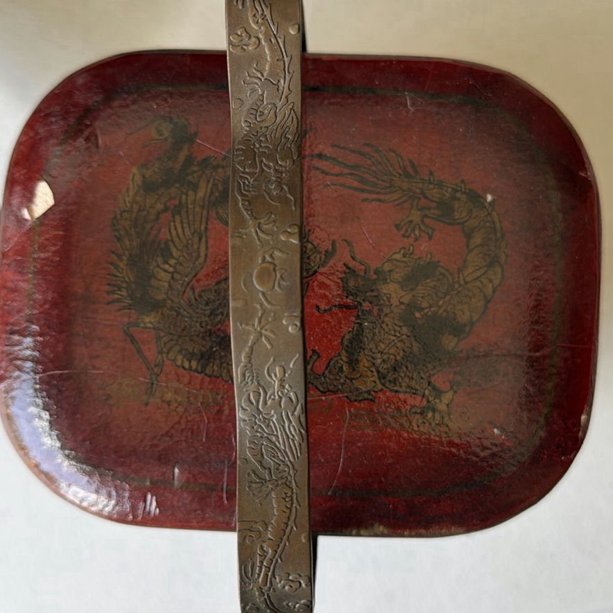 Antique wooden chair with red decorative boxes and lacquered Chinese storage box - image 8 of 9