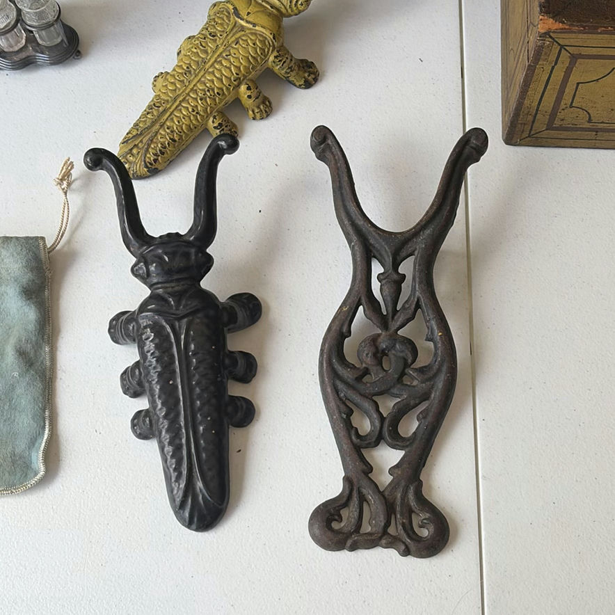 Antique collection: jewelry pouch, ornate metal pieces, glass cruet set, and wooden boxes - image 3 of 8