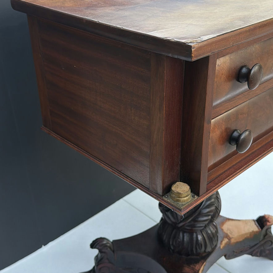 Antique wooden side table with two-drawer cabinet on carved pedestal base - image 5 of 10