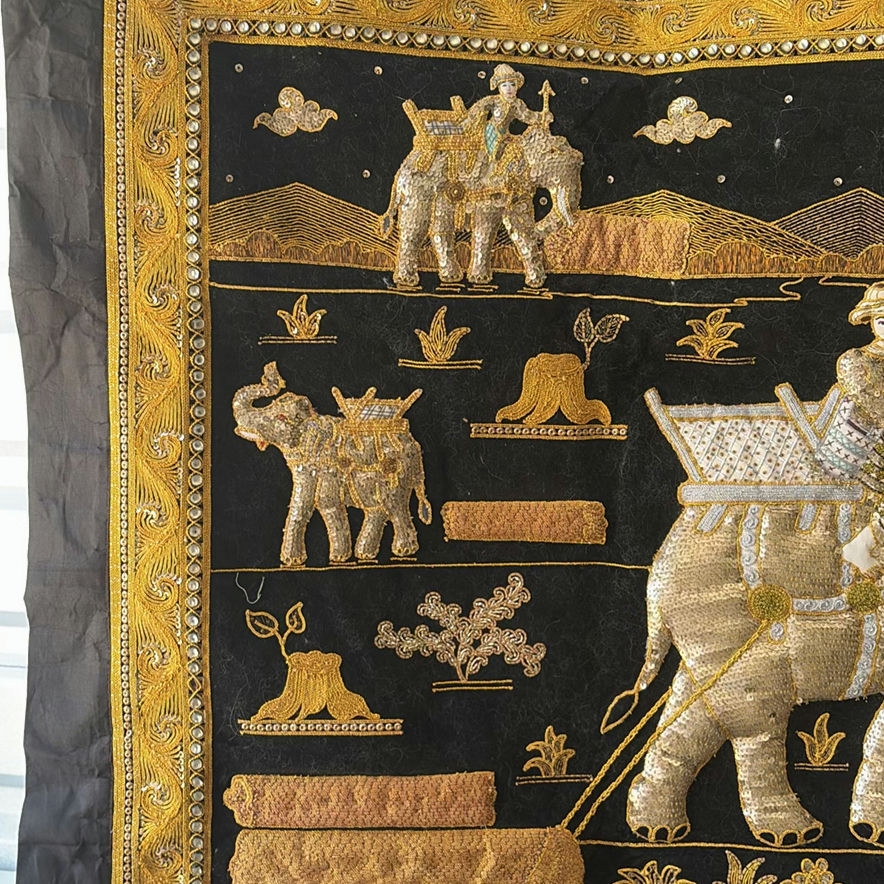 Embroidered black fabric wall hangings with gold elephant motifs - image 4 of 7