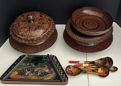 Decorative Lacquerware Serving Pieces, String Instrument, and Painted Wooden Spoons - Image 1 of 6