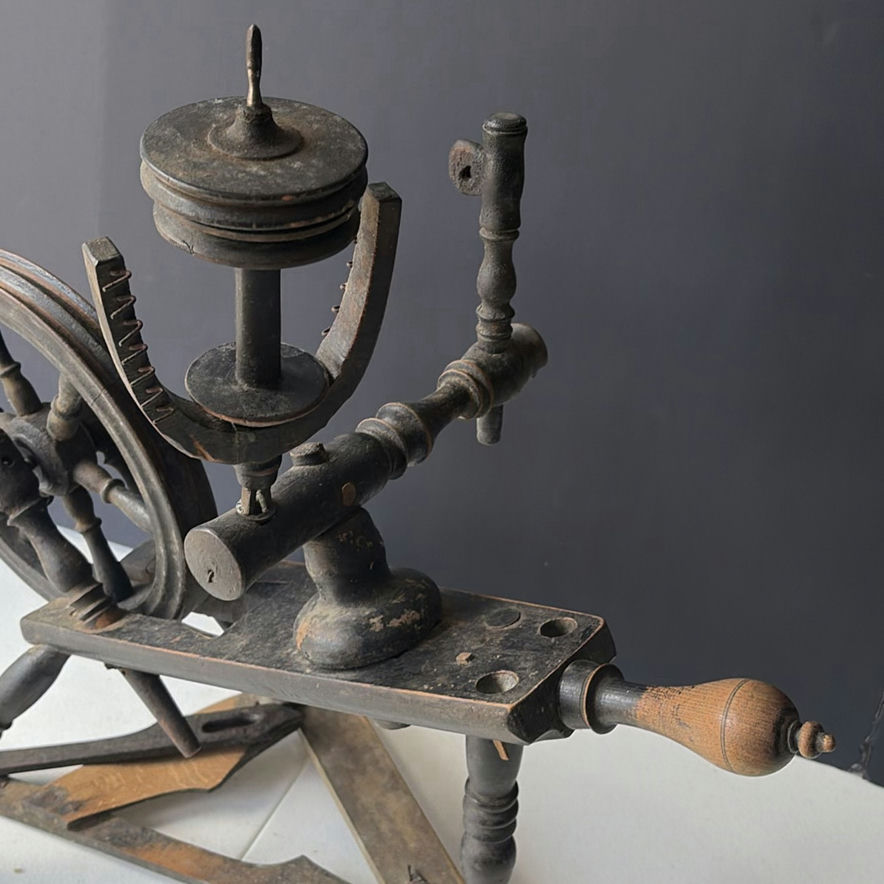Antique spinning wheel with brass candlesticks and hand tools - image 7 of 7