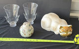 Glass hurricane vases, a floral porcelain ginger jar, and a gold-faced cat sculpture - thumbnail 1 of 6