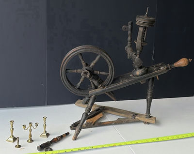 Antique spinning wheel with brass candlesticks and hand tools - Image 1 of 7