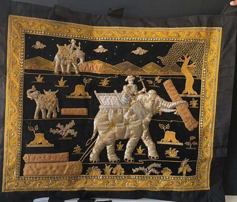 Embroidered black fabric wall hangings with gold elephant motifs - image 2 of 7
