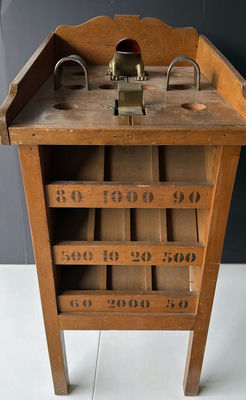 Vintage wooden display stand with slotted compartments and frog sculpture - Image 1 of 9