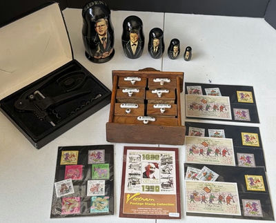 Presidential Matryoshka Dolls, Vintage Drawer Cabinet, Vietnam Stamp Collection, and Corkscrew Set - Image 1 of 9