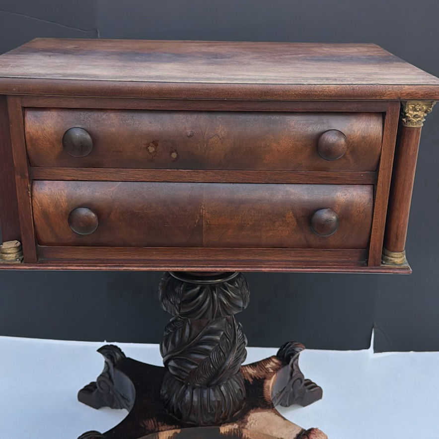 Antique wooden side table with two-drawer cabinet on carved pedestal base - image 3 of 10