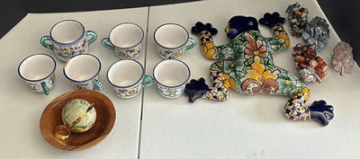 Hand-Painted Ceramic Cups, Decorative Frog Wall Hanging, and Stone Grape Cluster Ornaments - Image 1 of 7