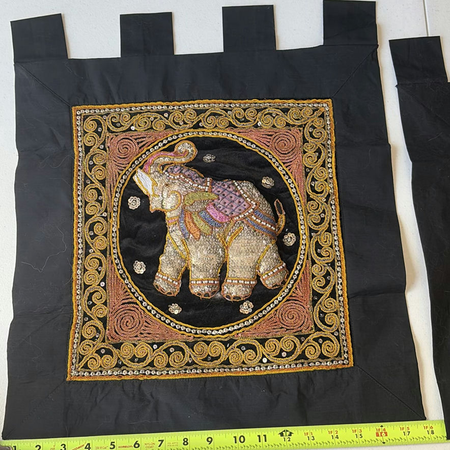 Embroidered black fabric wall hangings with gold elephant motifs - image 5 of 7
